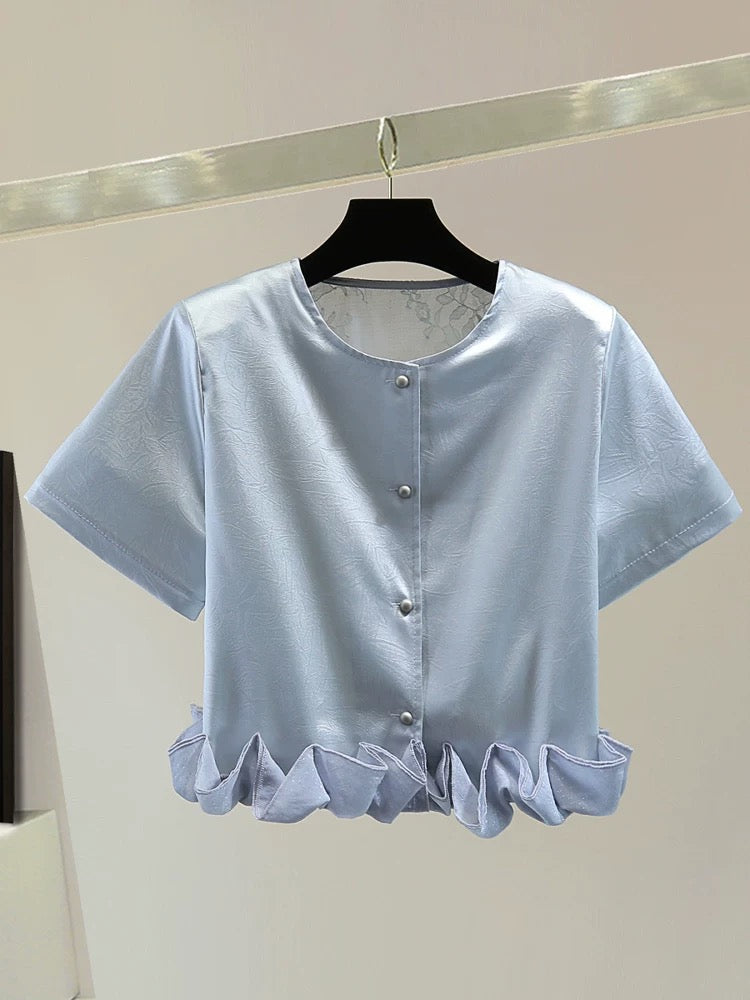 Heavy petal chiffon stitching short-sleeved shirt 2025 summer Korean version high waist short bright solid color thin jacket trend