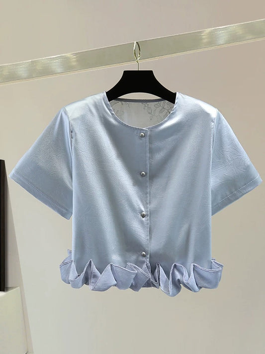 Heavy petal chiffon stitching short-sleeved shirt 2025 summer Korean version high waist short bright solid color thin jacket trend