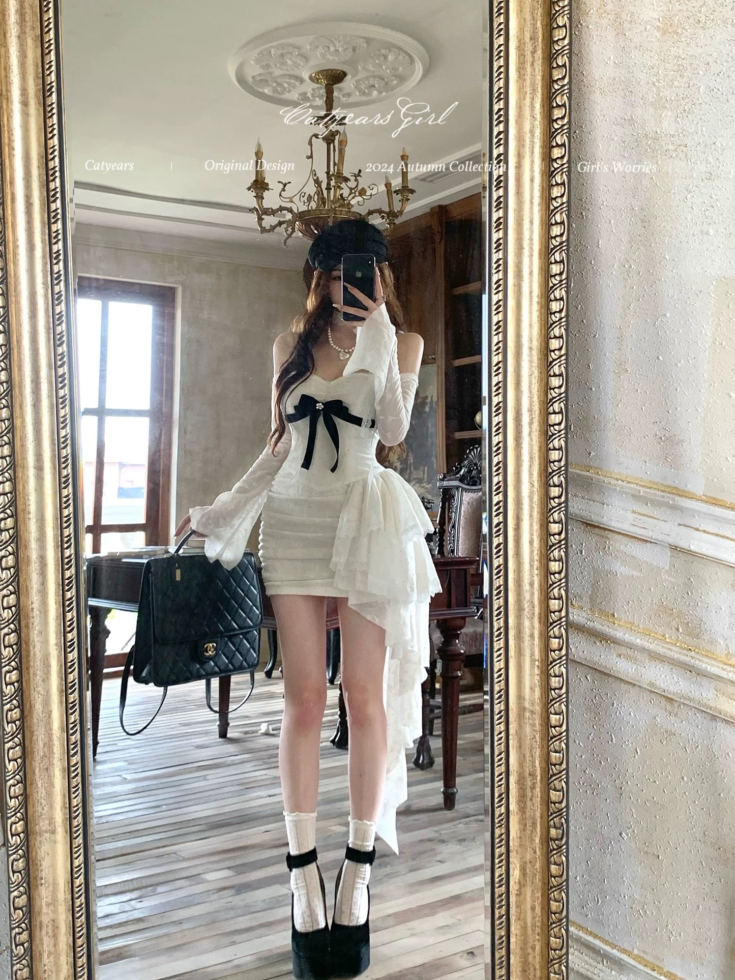 Catyears Year of the Cat Heartbeat Hunter ~ Lace Long Sleeve Dress 2024 Autumn Trailing Design Hip Skirt