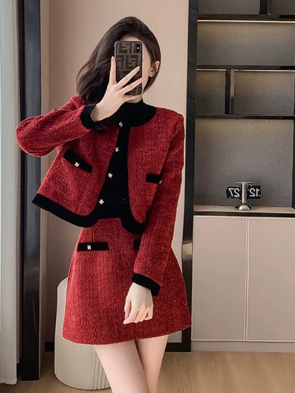 French red small fragrance suit for women autumn and winter 2024 new model light luxury bow skirt two-piece set