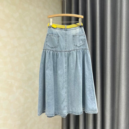 2026 Spring/Summer New Casual and Elegant Denim Midi Skirt for Women, High-Waisted, Retro, Slimming A-Line Maxi Skirt