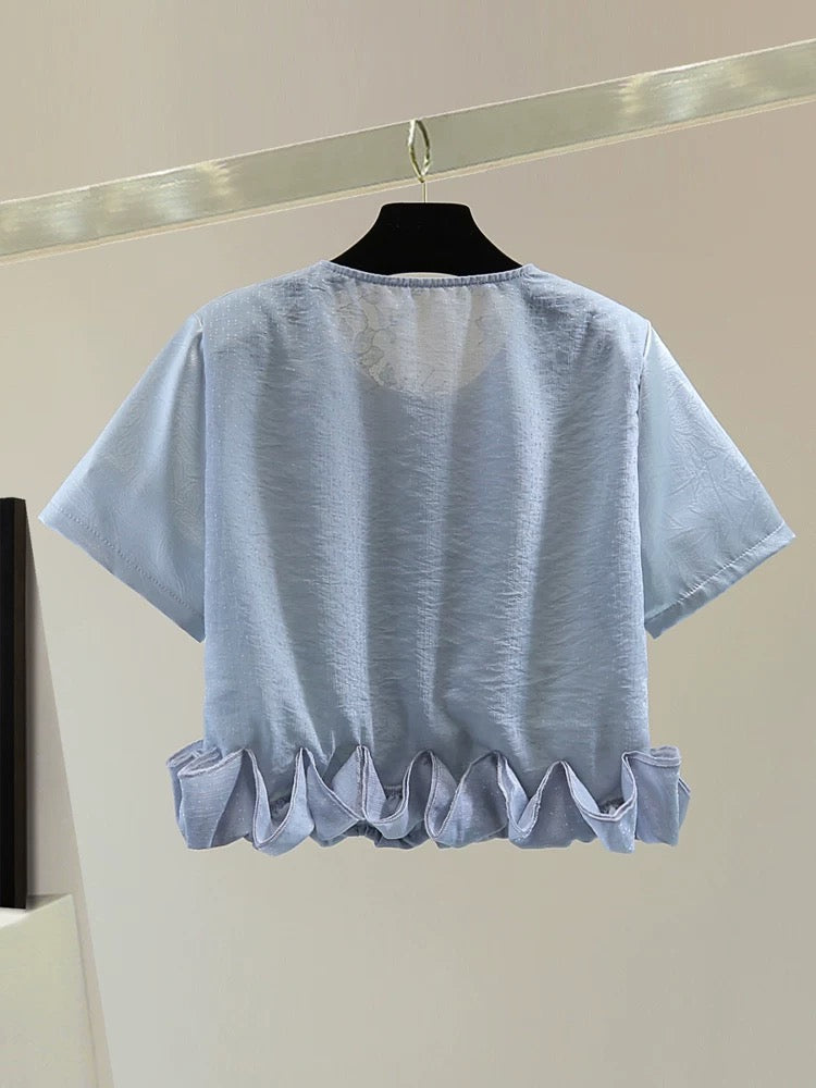 Heavy petal chiffon stitching short-sleeved shirt 2025 summer Korean version high waist short bright solid color thin jacket trend