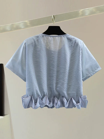Heavy petal chiffon stitching short-sleeved shirt 2025 summer Korean version high waist short bright solid color thin jacket trend