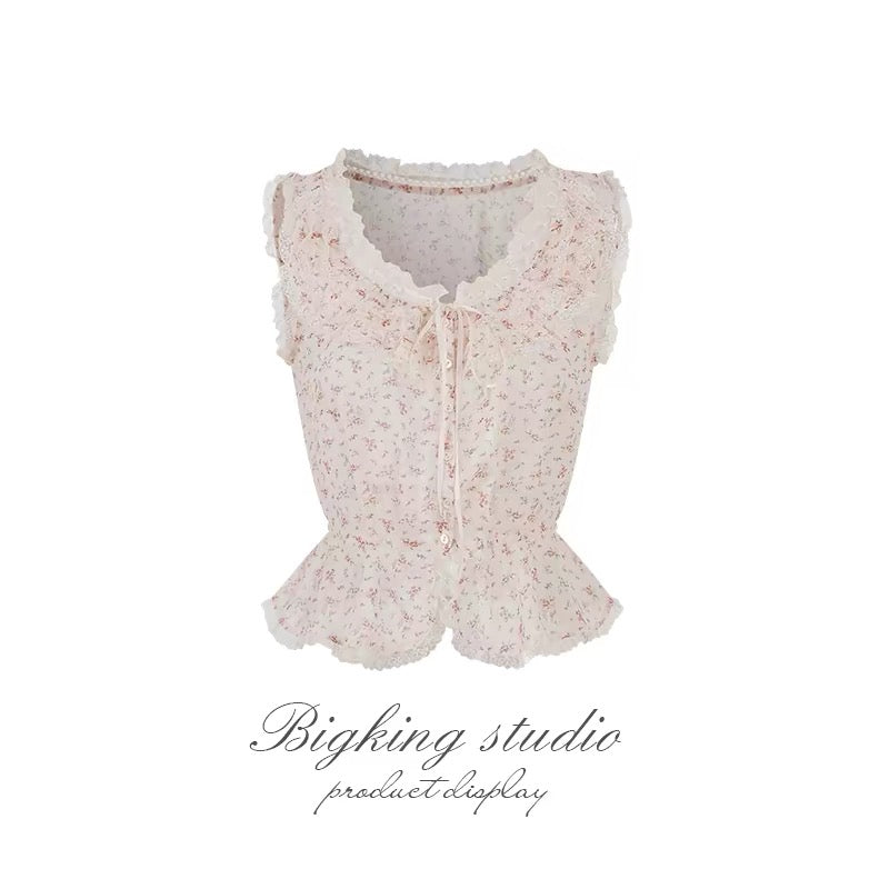 Bigking "Soft-Glow Veiled Lace" Sleeveless Chiffon Blouse – A Waist-Cinched Top with Delicate Lace Trim for an Innocent-Yet-Alluring Look