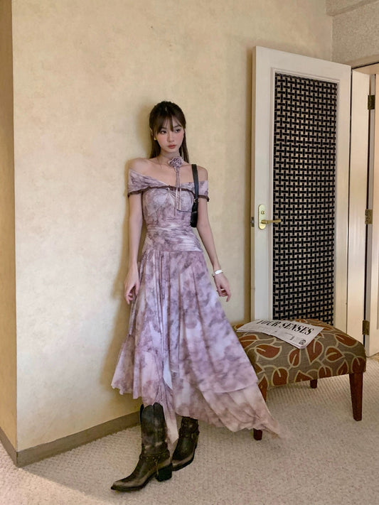 IMMR one-shoulder irregular purple-pink skirt dress summer new French retro bow dress