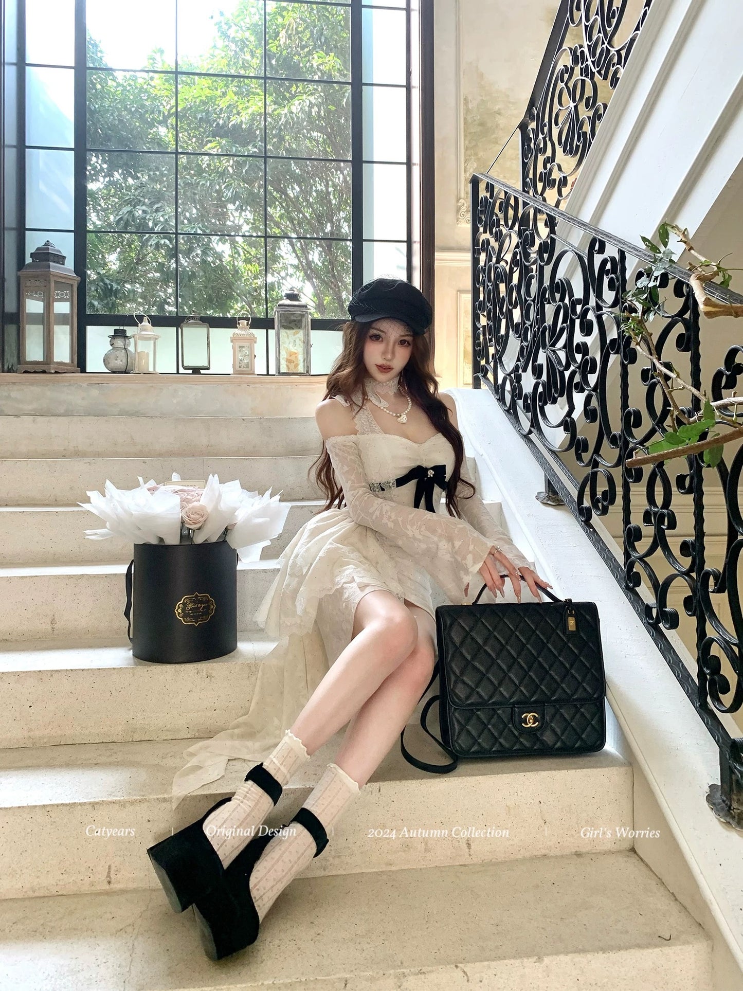 Catyears Year of the Cat Heartbeat Hunter ~ Lace Long Sleeve Dress 2024 Autumn Trailing Design Hip Skirt
