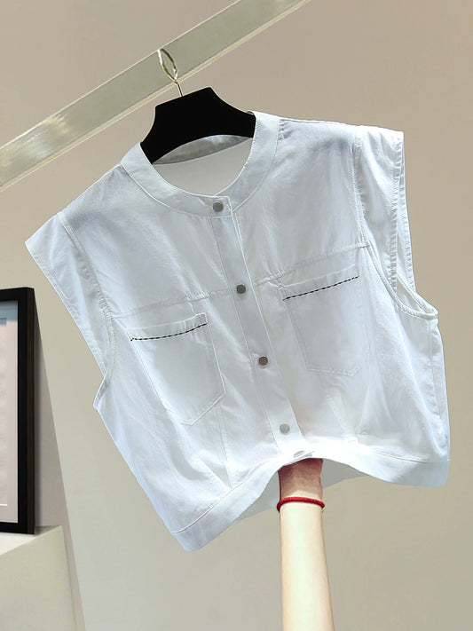 Small contrast color exposed line sleeveless shirt 2025 summer Korean version slim high waist short solid color stand collar shirt trend