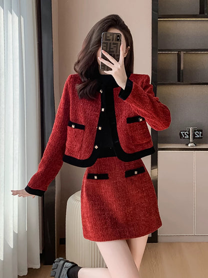 French red small fragrance suit for women autumn and winter 2024 new model light luxury bow skirt two-piece set