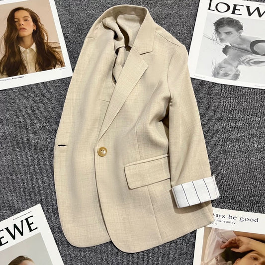 Apricot cuff striped thin suit jacket for women 2024 summer new style fashionable one button design suit