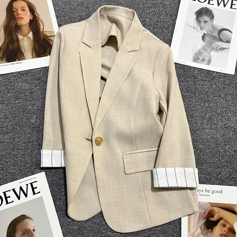 Apricot cuff striped thin suit jacket for women 2024 summer new style fashionable one button design suit