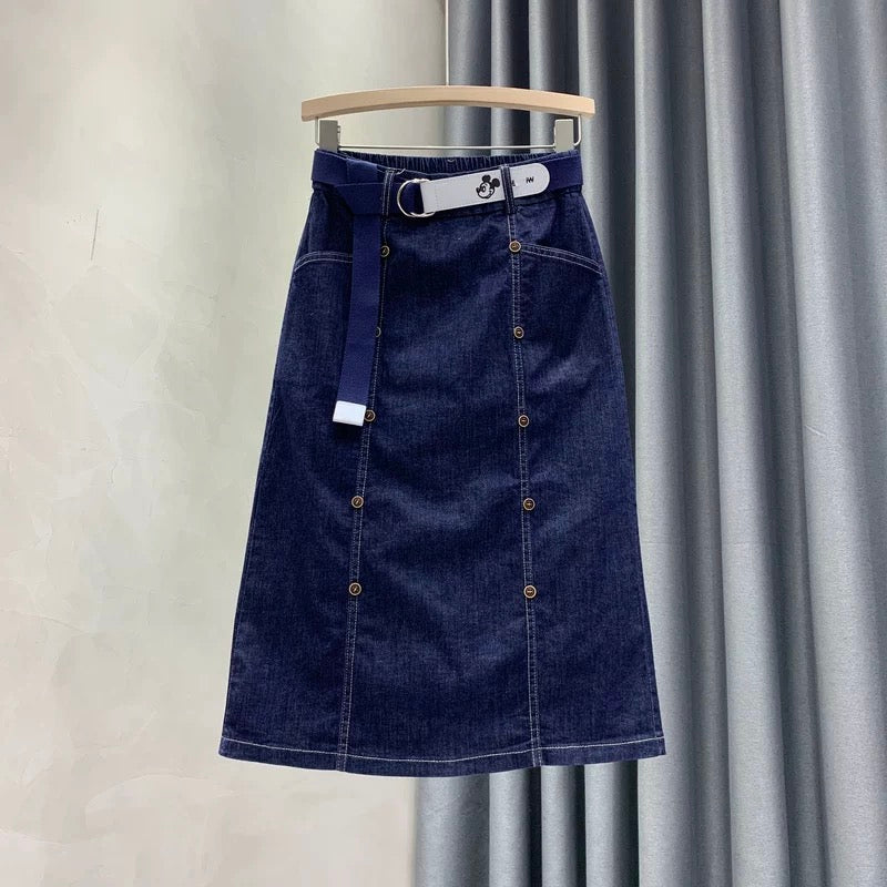 Dark blue denim midi skirt, women's style, elastic waist, slimming double-breasted A-line skirt, high-waisted, bodycon skirt.