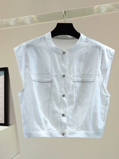 Small contrast color exposed line sleeveless shirt 2025 summer Korean version slim high waist short solid color stand collar shirt trend