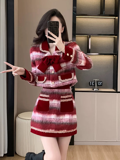 French red Christmas and New Year plaid woolen coat two-piece winter high-end and elegant lady skirt suit