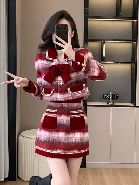 French red Christmas and New Year plaid woolen coat two-piece winter high-end and elegant lady skirt suit