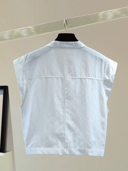 Small contrast color exposed line sleeveless shirt 2025 summer Korean version slim high waist short solid color stand collar shirt trend