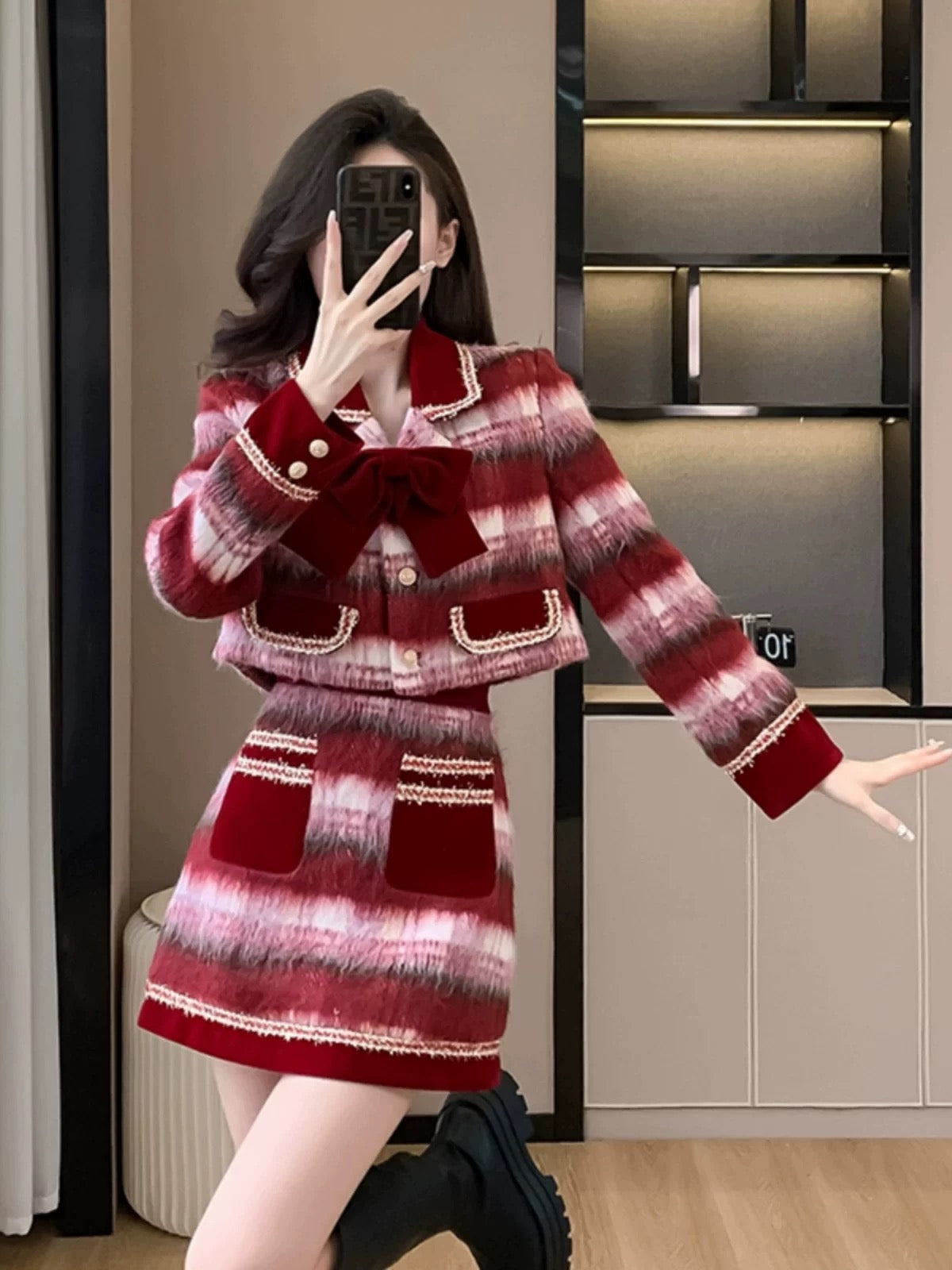 French red Christmas and New Year plaid woolen coat two-piece winter high-end and elegant lady skirt suit
