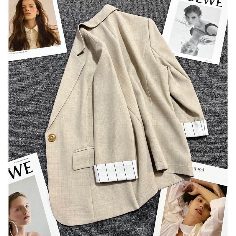 Apricot cuff striped thin suit jacket for women 2024 summer new style fashionable one button design suit