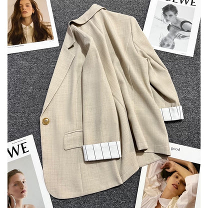 Apricot cuff striped thin suit jacket for women 2024 summer new style fashionable one button design suit