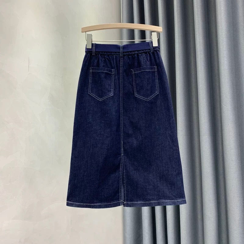 Dark blue denim midi skirt, women's style, elastic waist, slimming double-breasted A-line skirt, high-waisted, bodycon skirt.