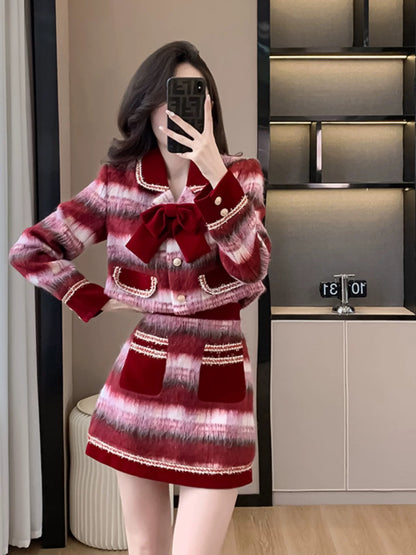 French red Christmas and New Year plaid woolen coat two-piece winter high-end and elegant lady skirt suit