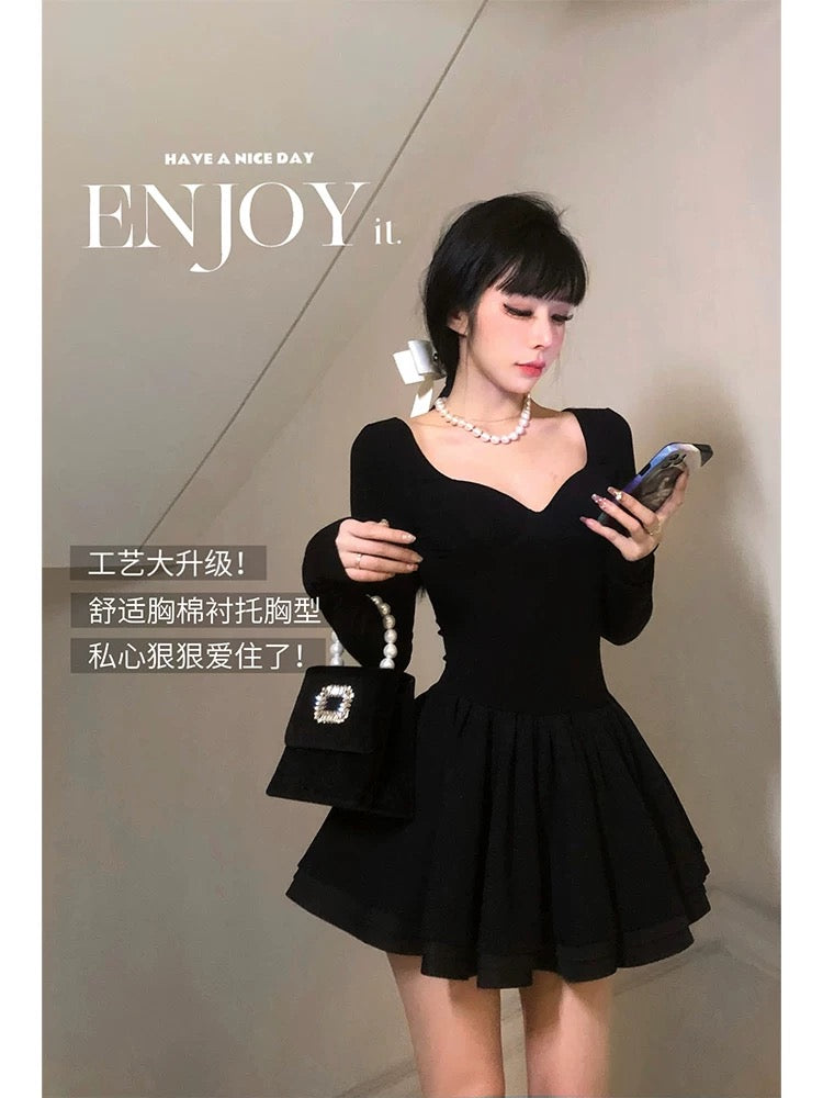 Aunt Barbie's Christmas outfit, little black dress for women, autumn and winter new style, waisted tutu skirt, knitted dress, birthday shirt