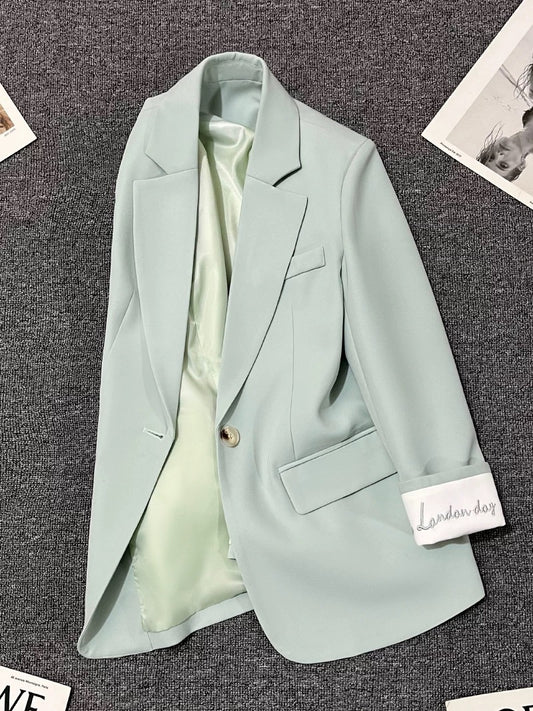 Sky blue embroidered suit jacket for women 2025 spring and autumn new Korean version one button small size super good-looking suit trend