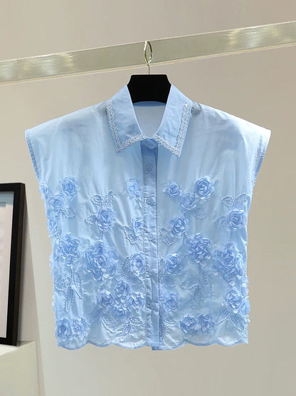 Small heavy embroidered shirt 2025 summer Korean version slim high waist short solid color beaded sleeveless shirt trend