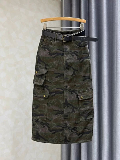 Korean retro sexy camouflage irregular denim midi skirt, women's high-waisted slimming workwear long skirt