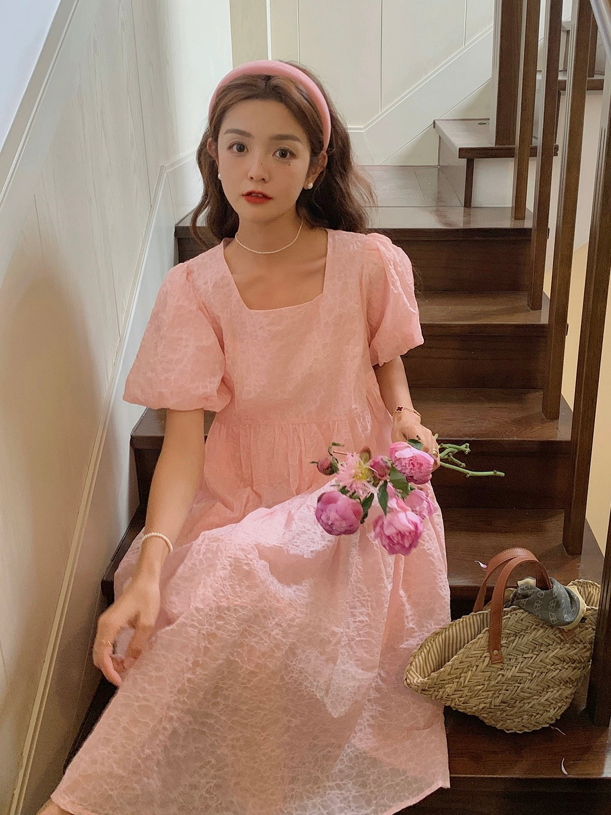 Pink puff sleeve dress for women summer 2024 new French sweet little fairy princess dress a-line dress