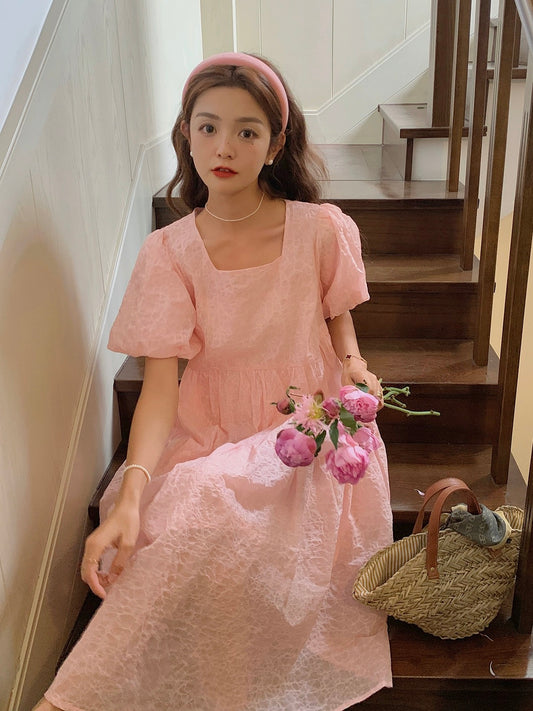 Pink puff sleeve dress for women summer 2024 new French sweet little fairy princess dress a-line dress