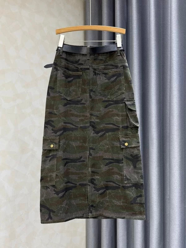 Korean retro sexy camouflage irregular denim midi skirt, women's high-waisted slimming workwear long skirt