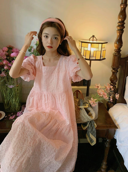 Pink puff sleeve dress for women summer 2024 new French sweet little fairy princess dress a-line dress