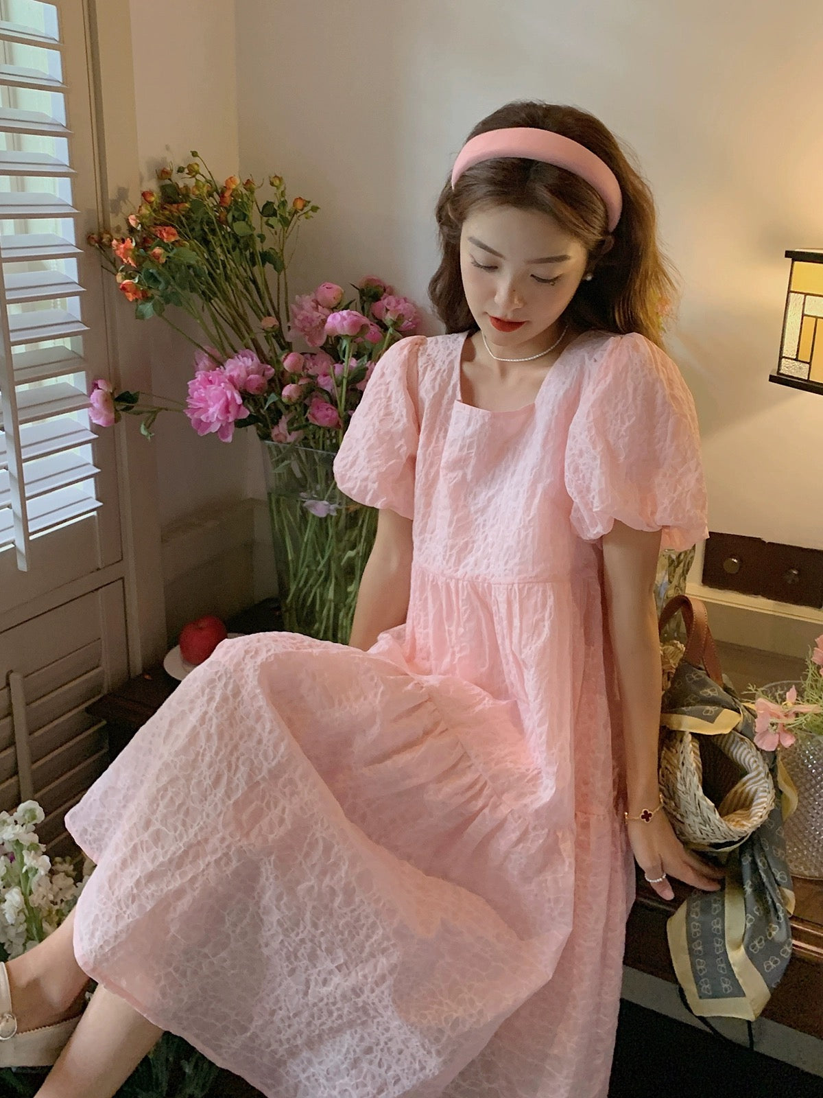 Pink puff sleeve dress for women summer 2024 new French sweet little fairy princess dress a-line dress