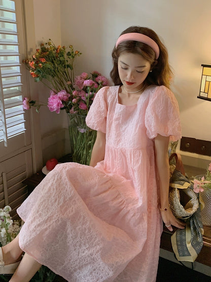 Pink puff sleeve dress for women summer 2024 new French sweet little fairy princess dress a-line dress