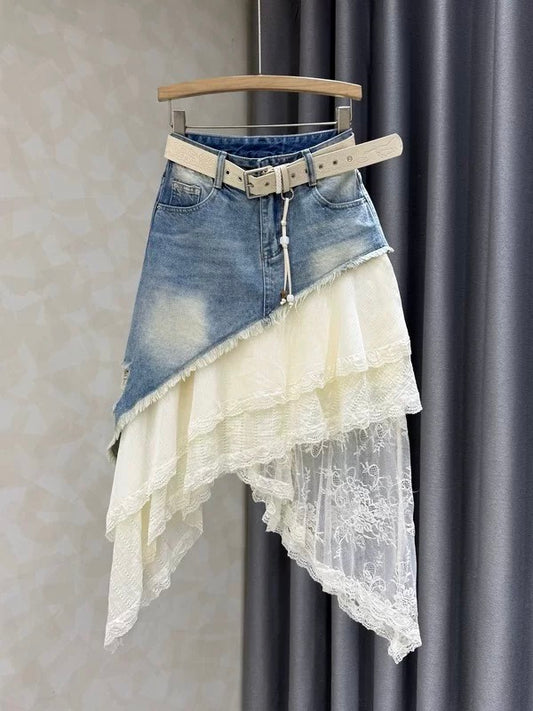 Unique design, asymmetrical denim midi skirt, high-waisted, lace-trimmed, fashionable and trendy short skirt.