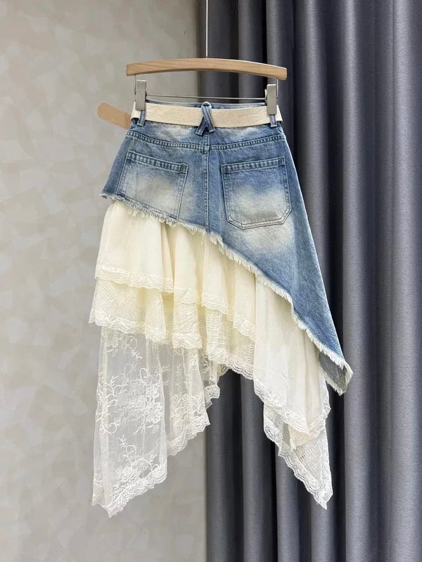 Unique design, asymmetrical denim midi skirt, high-waisted, lace-trimmed, fashionable and trendy short skirt.
