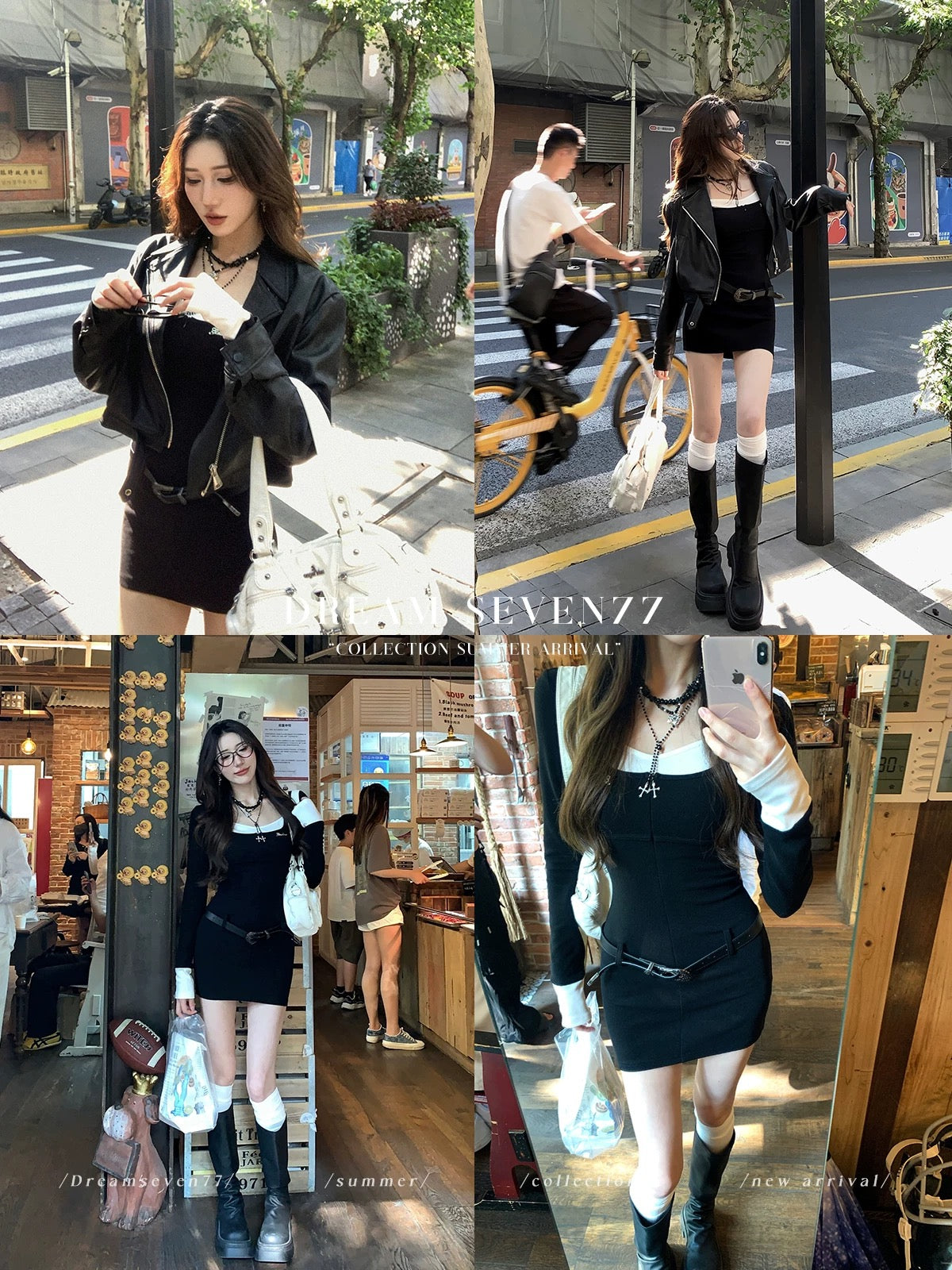 DREAM SEVEN77 fake two-piece long-sleeved knitted dress for women in autumn, waist-cinching temperament short skirt with inner skirt