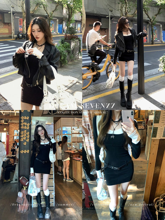 DREAM SEVEN77 fake two-piece long-sleeved knitted dress for women in autumn, waist-cinching temperament short skirt with inner skirt