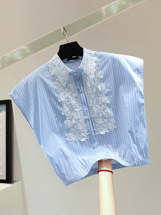 Small lace splicing sleeveless shirt 2025 summer Korean version high waist short color matching striped waist shirt trend