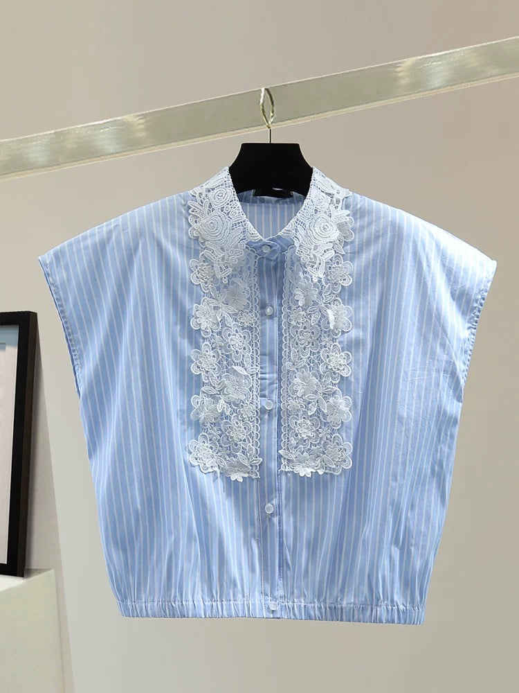 Small lace splicing sleeveless shirt 2025 summer Korean version high waist short color matching striped waist shirt trend