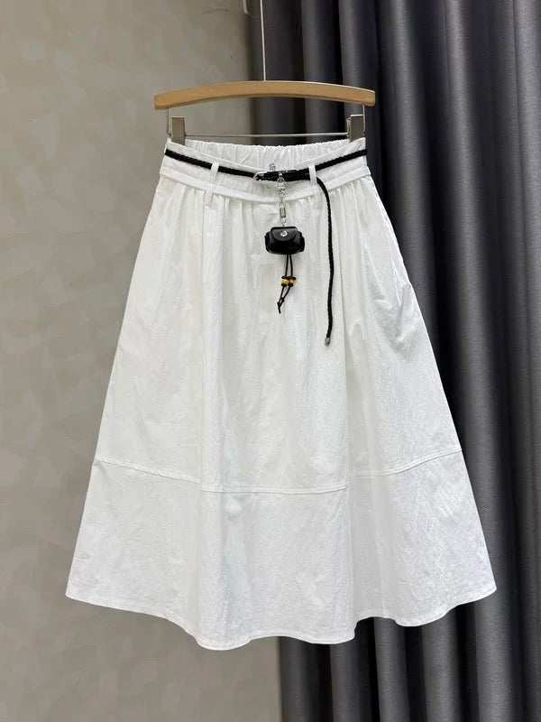 2026 Summer New Style Elegant High-Waisted A-Line Midi Skirt for Women, Slimming Elastic Waist, White Cotton
