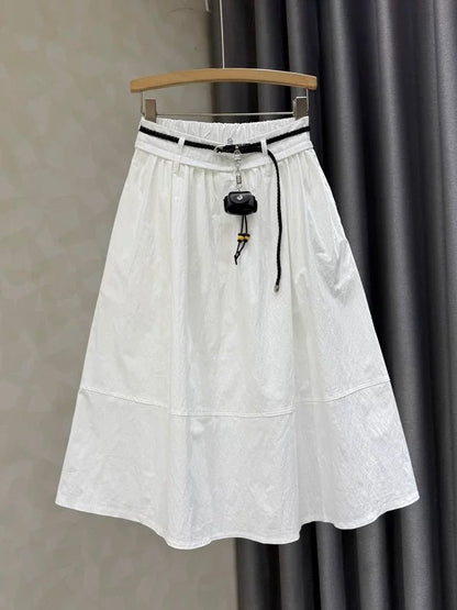 2026 Summer New Style Elegant High-Waisted A-Line Midi Skirt for Women, Slimming Elastic Waist, White Cotton