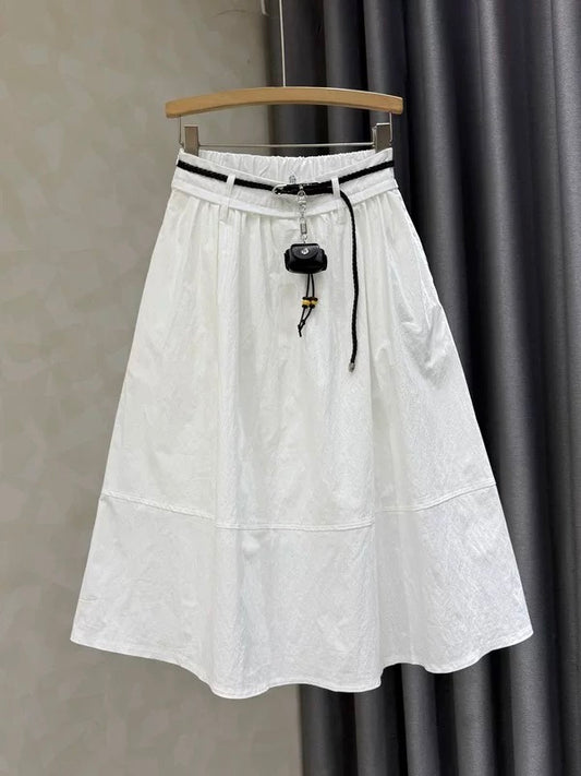 2026 Summer New Style Elegant High-Waisted A-Line Midi Skirt for Women, Slimming Elastic Waist, White Cotton
