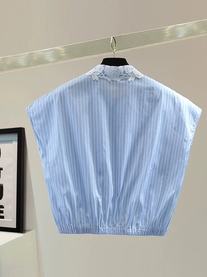 Small lace splicing sleeveless shirt 2025 summer Korean version high waist short color matching striped waist shirt trend