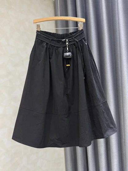 2026 Summer New Style Elegant High-Waisted A-Line Midi Skirt for Women, Slimming Elastic Waist, White Cotton