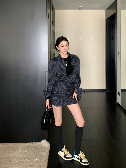 Only Ouyang Striped Long Sleeve Shirt Dress Women's Autumn New Style Waist Slim Slim Retro Hip Skirt
