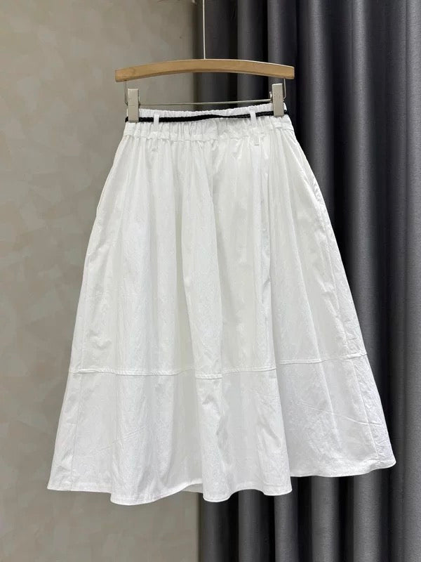 2026 Summer New Style Elegant High-Waisted A-Line Midi Skirt for Women, Slimming Elastic Waist, White Cotton