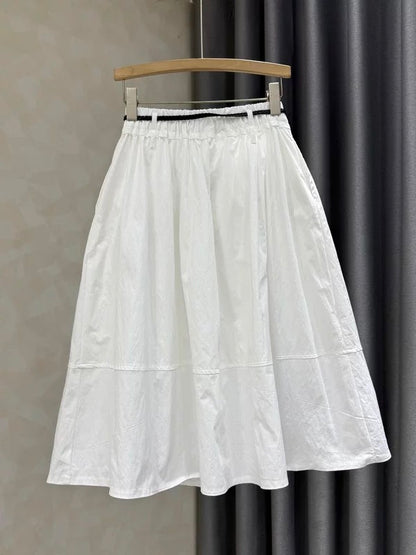 2026 Summer New Style Elegant High-Waisted A-Line Midi Skirt for Women, Slimming Elastic Waist, White Cotton