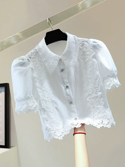Small rhinestone button puff sleeve shirt 2025 summer high waist short lace lace splicing short sleeve shirt trend