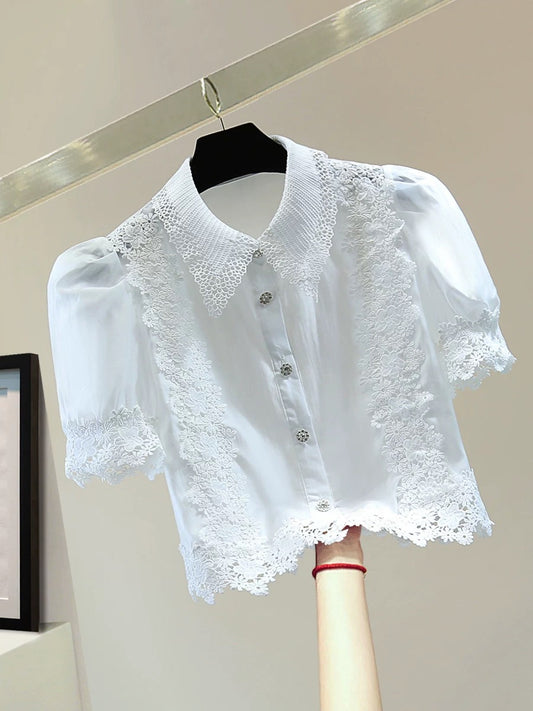 Small rhinestone button puff sleeve shirt 2025 summer high waist short lace lace splicing short sleeve shirt trend
